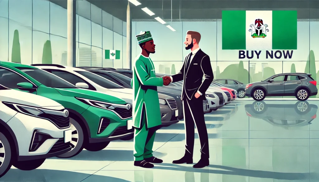 Buying your first car in Nigeria: A Nigerian car buyer shaking hands with a dealer at a local dealership, with modern cars and the Nigerian flag in the background, highlighting a friendly interaction.