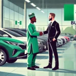 Buying your first car in Nigeria: A Nigerian car buyer shaking hands with a dealer at a local dealership, with modern cars and the Nigerian flag in the background, highlighting a friendly interaction.