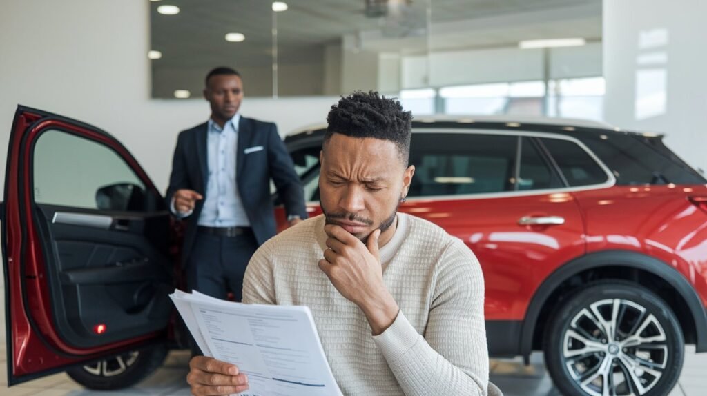 A Nigerian car buyer reviewing loan documents