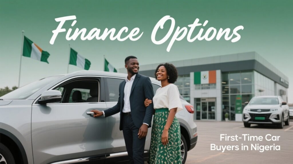 Young Nigerian couple reviewing SUV financing options with a dealership rep at a modern car lot, featuring a Toyota RAV4 with Nigerian flags in view.