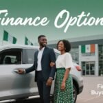 Young Nigerian couple reviewing SUV financing options with a dealership rep at a modern car lot, featuring a Toyota RAV4 with Nigerian flags in view.