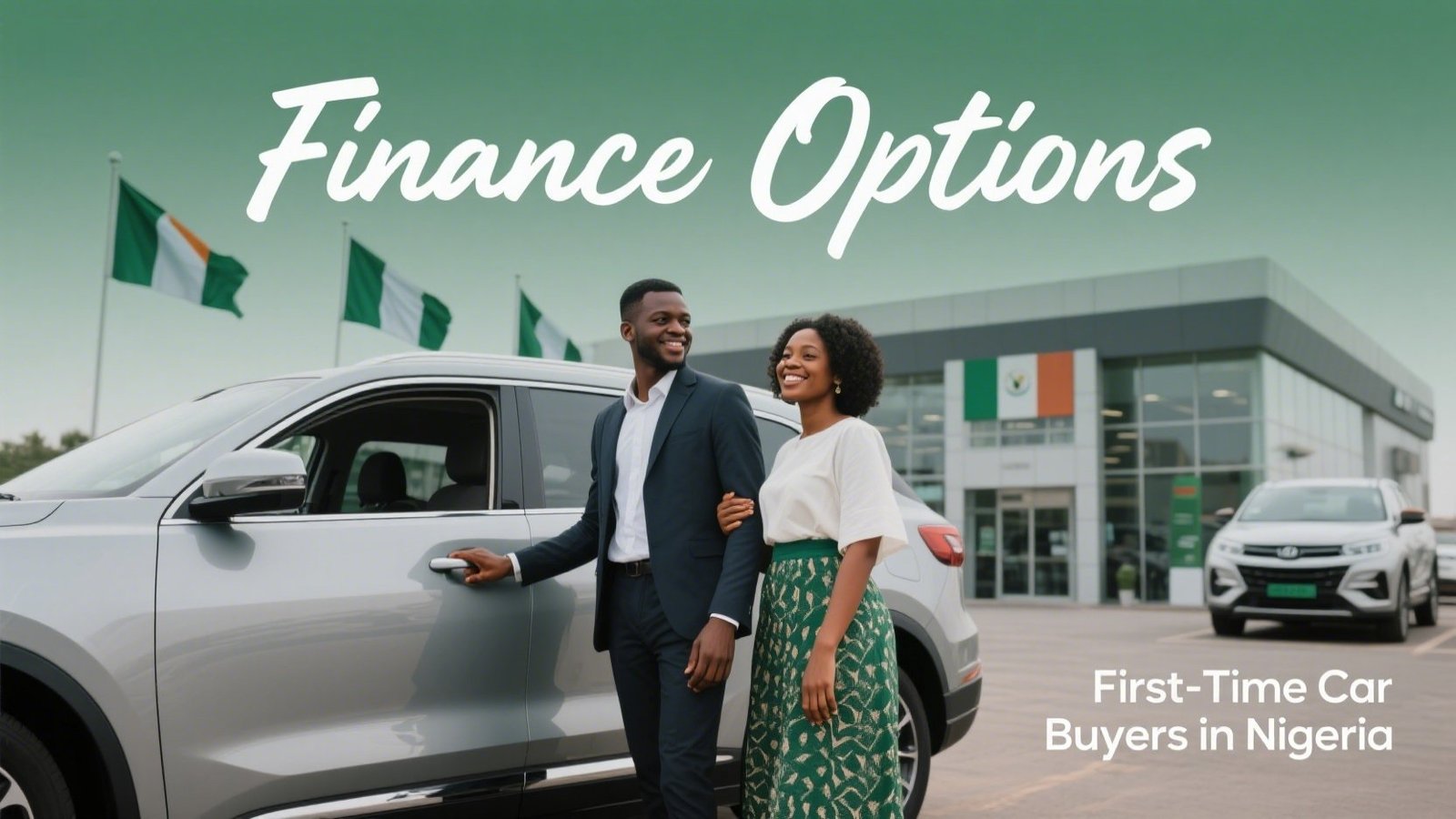 Young Nigerian couple reviewing SUV financing options with a dealership rep at a modern car lot, featuring a Toyota RAV4 with Nigerian flags in view.