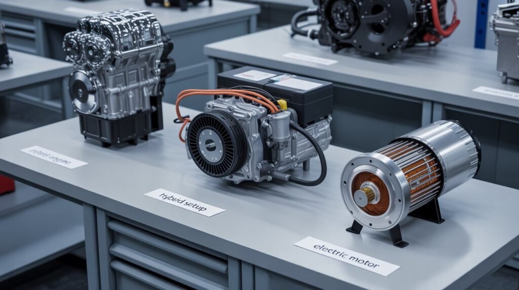 Comparing a petrol engine, hybrid setup and electric motor