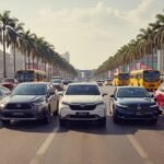 Lineup of Toyota, Honda, and GAC cars in Nigeria 2025, including SUVs and sedans, on a Lagos Road.