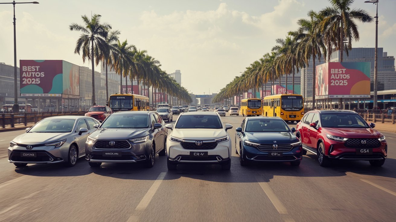 Lineup of Toyota, Honda, and GAC cars in Nigeria 2025, including SUVs and sedans, on a Lagos Road.