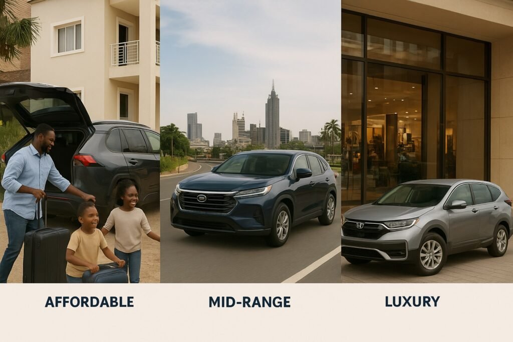 crossover_suv_lifestyle_collage_rav4_gs4_crv_nigeria_16x9 Lifestyle collage featuring three crossover SUVs: a Nigerian family loading luggage into a Toyota RAV4 at home, a sleek GAC GS4 driving on a Lagos city road, and a Honda CR-V parked outside a shopping mall — highlighting practicality and style.