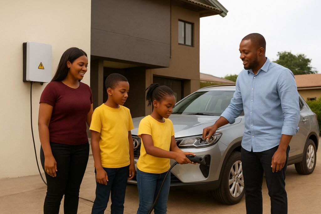 nigerian-family-charging-hybrid-suv-with-solar-inverter-2025 A Nigerian family charging a hybrid SUV at home using a solar inverter system, with visible solar panels, clean driveway, and bright natural daylight — symbolizing sustainable living and modern automotive innovation in Nigeria.