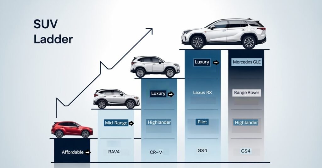 suv-ladder-nigeria-affordable-to-luxury-models Infographic showing SUV ladder from affordable to luxury models in Nigeria, including RAV4, CR-V, and GAC GS4 as entry-level; Highlander and Pilot as mid-range; and Lexus RX, Mercedes GLE, and Range Rover as luxury options.