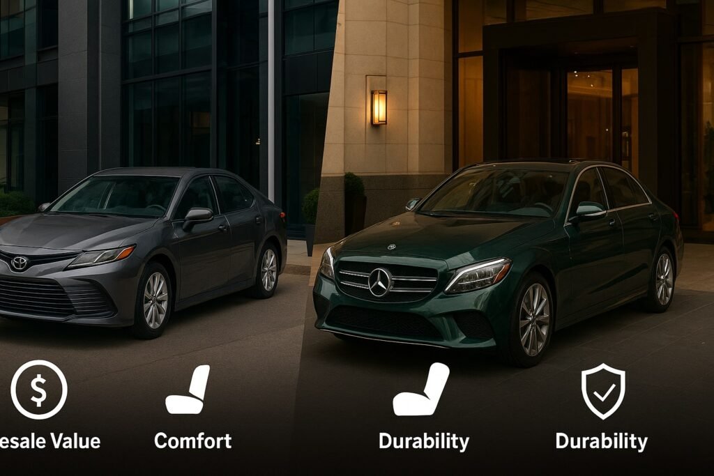 toyota-camry-vs-mercedes-c-class-nigeria-2025-resale-comfort-durability Side-by-side lifestyle comparison of a Toyota Camry parked in front of a modern office building and a Mercedes-Benz C-Class outside a luxury hotel, with overlay icons showing resale value, comfort, and durability ratings — illustrating mid-range versus executive car appeal.