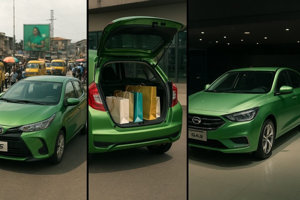 toyota-yaris-honda-fit-gac-ga3-nigeria-2025-practical-modern-cars Side-by-side comparison of three compact cars: a Toyota Yaris parked on a lively Lagos street, a Honda Fit with shopping bags in the boot, and a GAC GA3 displayed under modern showroom lighting — highlighting practicality and modern appeal.