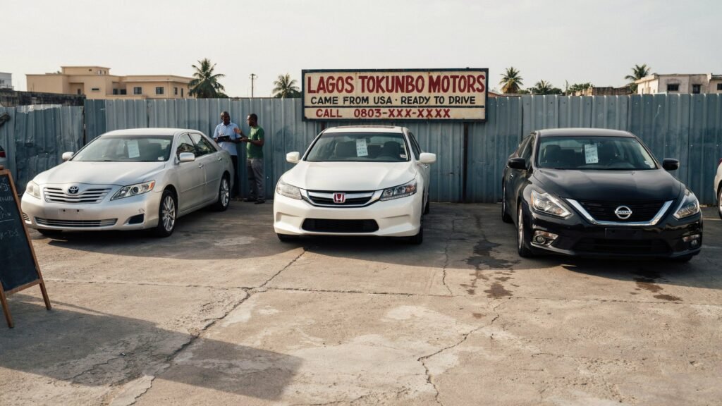 Toyota Camry, Honda Accord, and Nissan Altima parked side by side at a Nigerian car lot