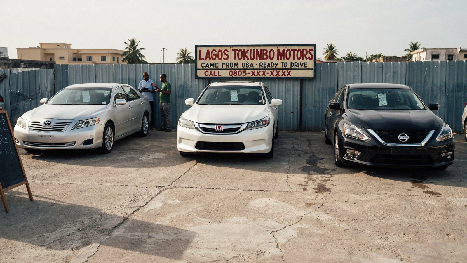 Toyota Camry, Honda Accord, and Nissan Altima parked side by side at a Nigerian car lot