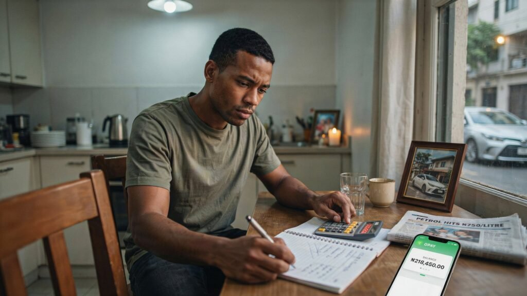 Nigerian car owner calculating monthly car ownership budget at a desk