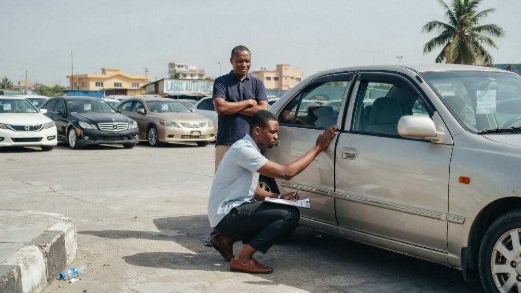 First-time Nigerian car buyer inspecting door panel gap on a tokunbo sedan at a car dealer's yard